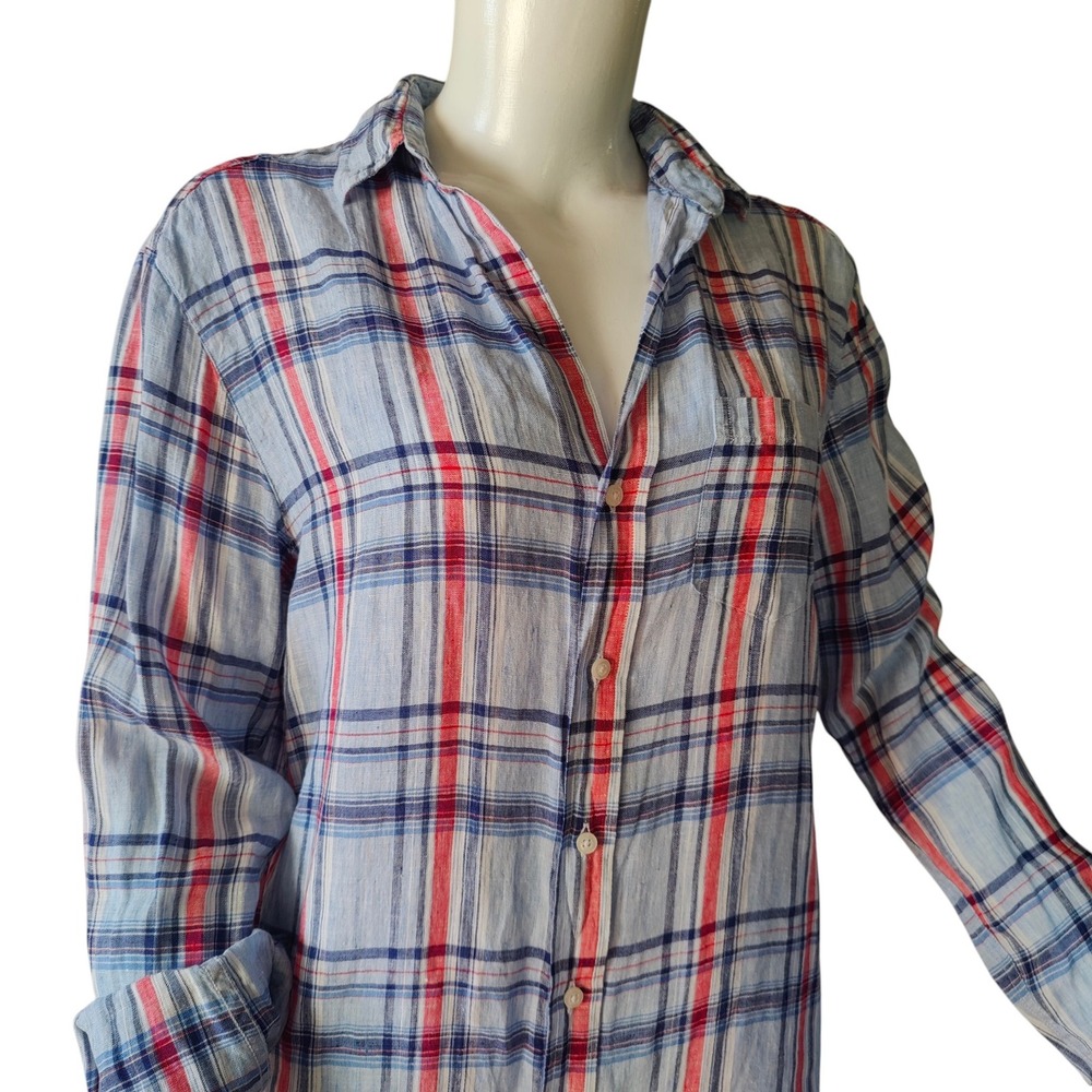 Frank & Eileen Mary Italian Linen Shirt Dress Plaid Shift XS Tunic Coastal Boho - Picture 2 of 8